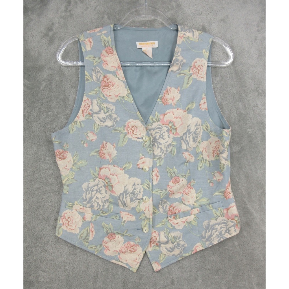 Vintage Brooks Brothers Vest Womens Size S Blue Floral Linen Cottage Feminine